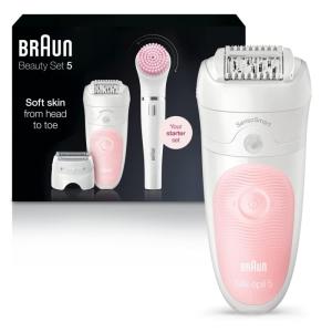 imageBraun SE5895 Epilator Hair Removal Device Epilator for Women Includes Shaver and Facial Cleansing Exfoliator Brush Attachments Waterproof Cordless and Rechargeable